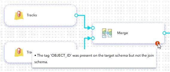 The validation error on the merge tool reads: "The tag 'OBJECT_ID' was present on the target schema but not the join schema."