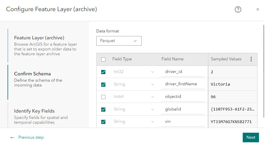 In the Confirm Schema section, the objectid field is unchecked.