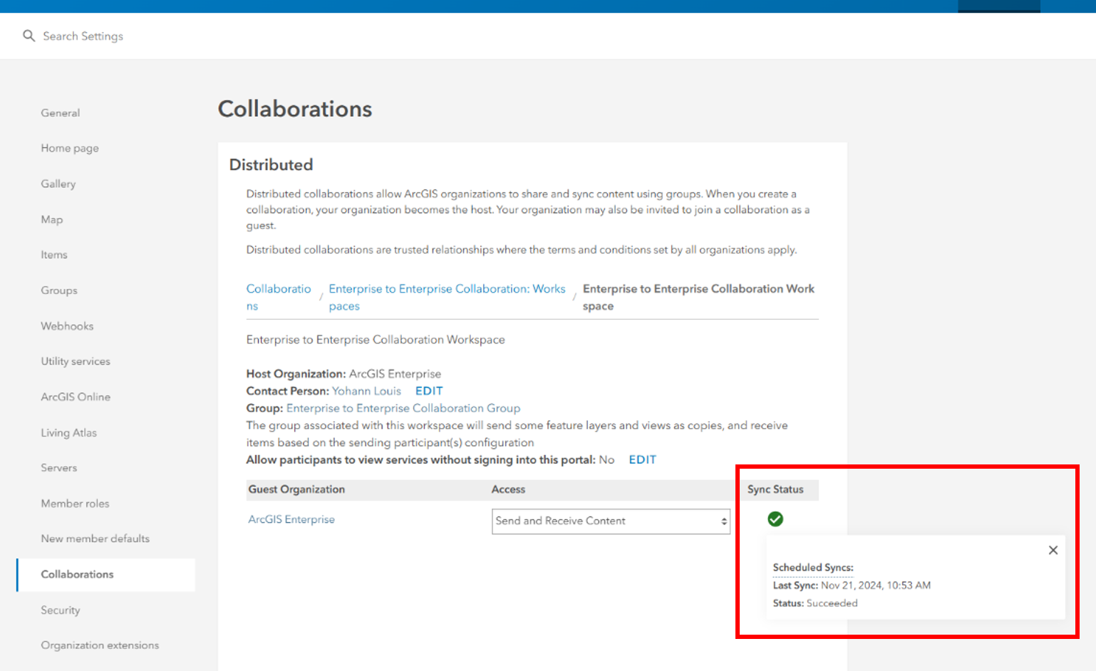 Screenshot depicting that the sync status of a collaboration can be checked directly through ArcGIS Online or the ArcGIS Enterprise portal.