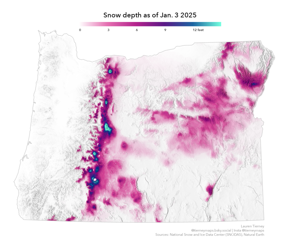 Map of snow depth in Oregon on January 3 2025