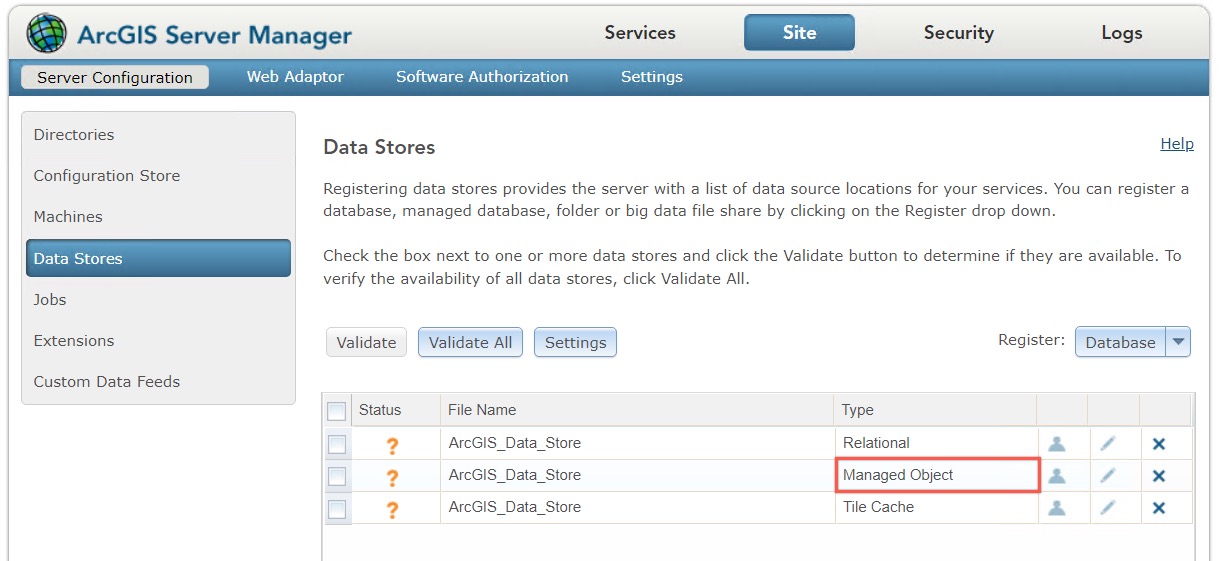 The object store as it appears in ArcGIS Server Manager