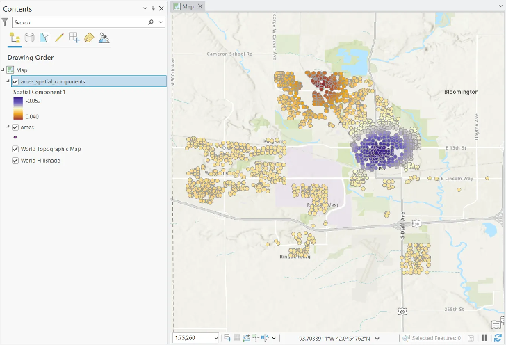 Screenshot of ArcGIS Pro illustrating the output of the first component. There are two strong clusters. One in the east with low values colored blue. Another north colored dark red. The rest, spread to the west, are generally yellow.