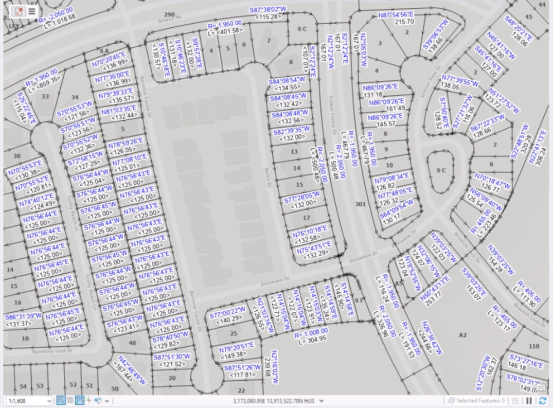 Plan view of parcel data for residential lots in a subdivision