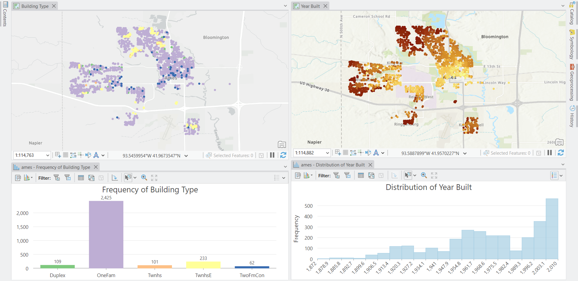 Screenshot of ArcGIS Pro displaying 2 maps. The left side colors points based on their building type. Below it is a bar chart of the building types. Duplex has a value of 104, OneFam has 2425, Twnhs has 101, TwnhsE has 233, and TwoFmCon has 62. On the right displays the points colored by the year they were built. A lot of recently build properties in center. Below is a histogram that displays a long left tail with most houses being built in the early 2000s.