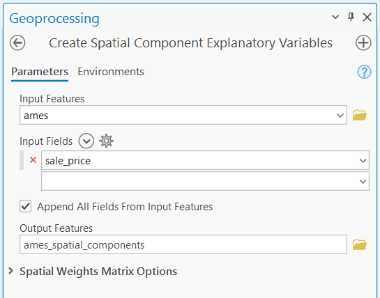 Geoprocessing dialog for the Create Spatial Component Explanatory Variables tool.