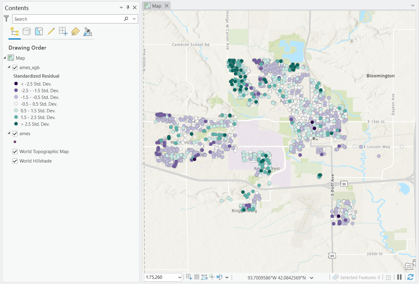 Screenshot of ArcGIS Pro illustrating standardized residuals from the base boosted tree regression model.