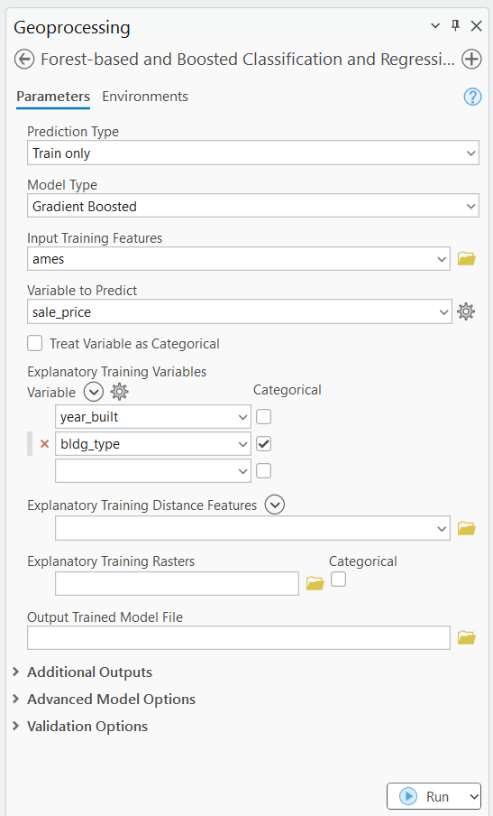 Forest Based Classification and Regression Geoprocessing Dialog