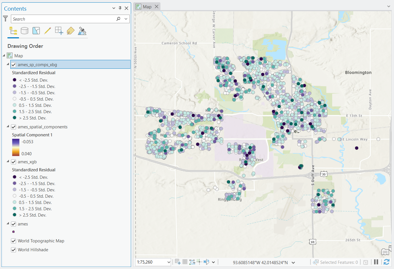 Screenshot of ArcGIS Pro showing the standardized residuals of the Boosted Regression Tree model with spatial components.