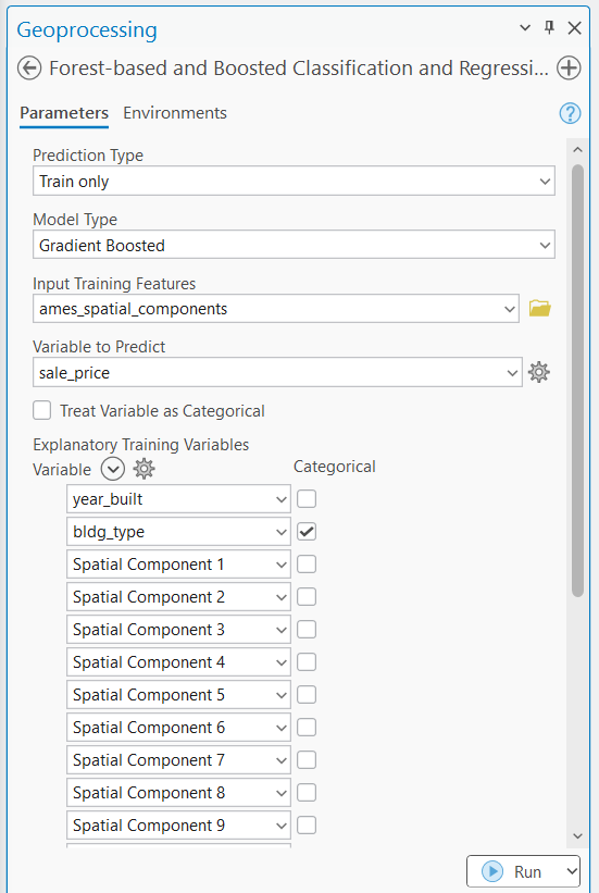 Forest-based and Boosted Classification and Regression geoprocessing dialog. The variable to predict is sale_price and the explanatory training variables are bldg_type, year_built, and spatial components 1 through 9