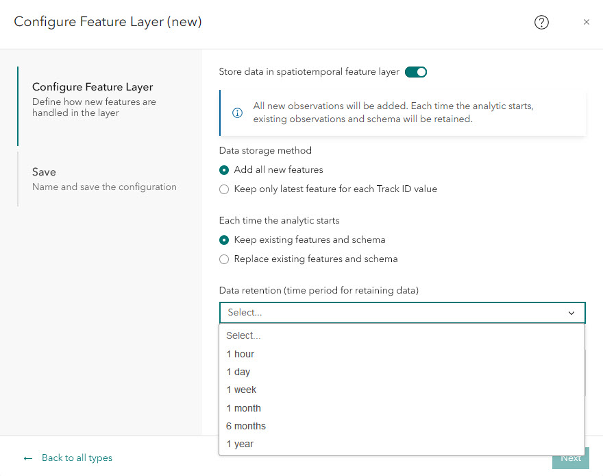 The dropdown menu for data retention displays following options: 1 hour, 1 day, 1 week, 1 month, 6 months, and 1 year