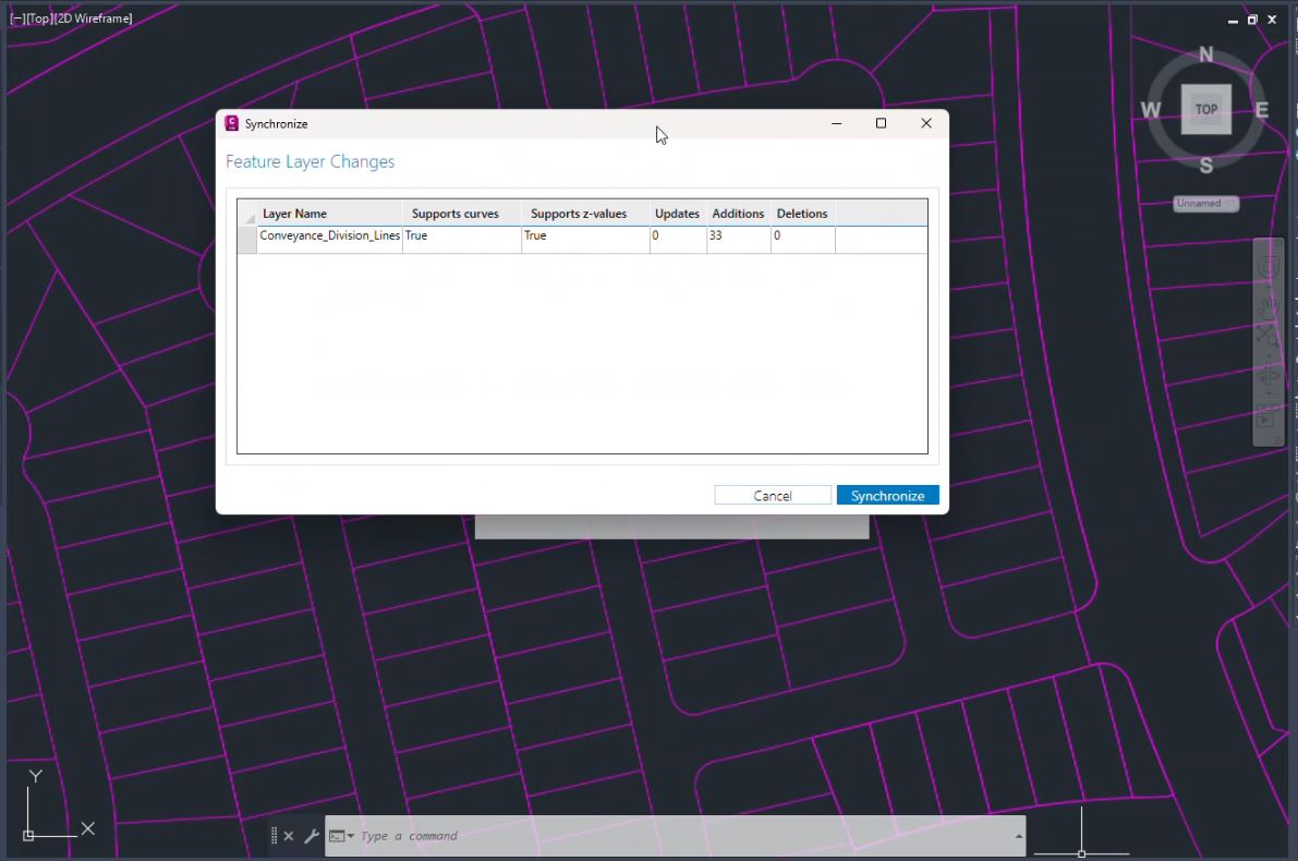 Plan view of parcel lot lines with dialog for synchronizing to ArcGIS Enterprise.