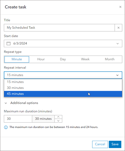 Dialog to create a scheduled task in Data Pipelines