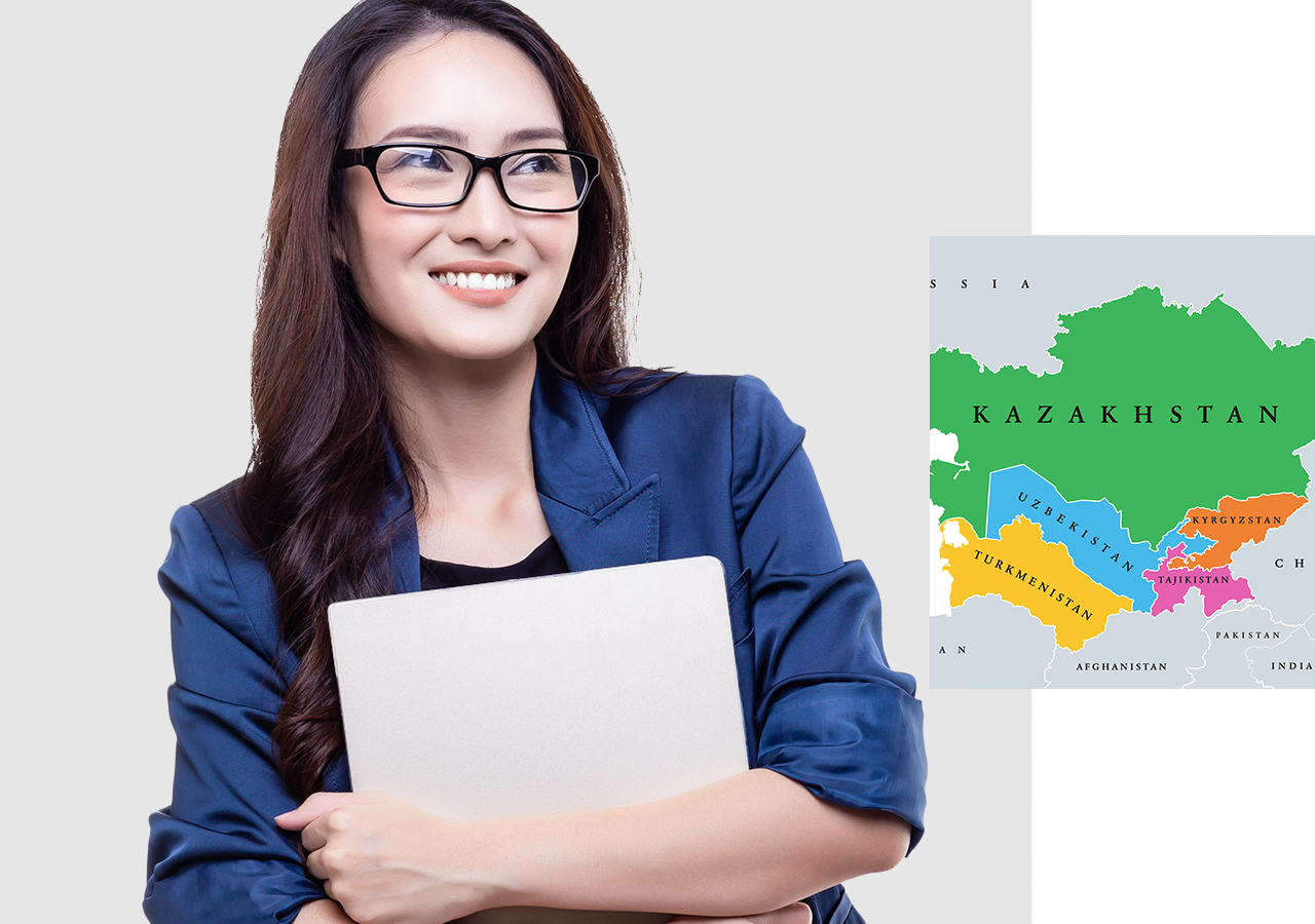 A person wearing business clothes and smiling while holding a laptop overlaid with a map of Central Asia