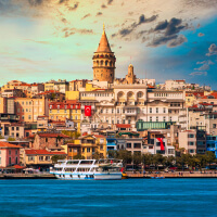 The coast of a Turkish city, densely covered in historic buildings 
