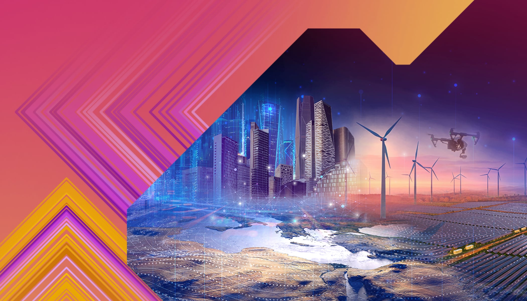 Composite image of a city skyline, wind turbines, and turbulent oceans overlaid with a yellow and pink geometric design