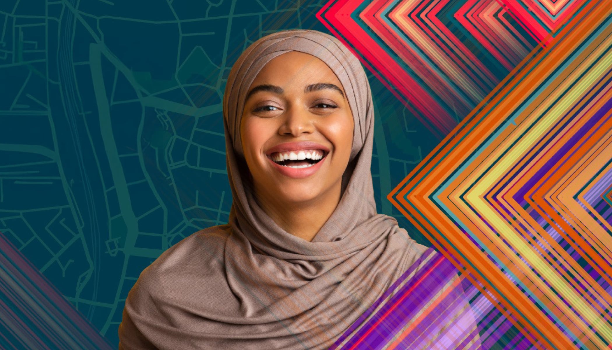 A laughing woman in a pale brown hijab overlaid with a multicolored geometric design