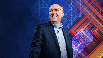 Esri president Jack Dangermond wearing business attire and smiling overlaid on a multicolored background