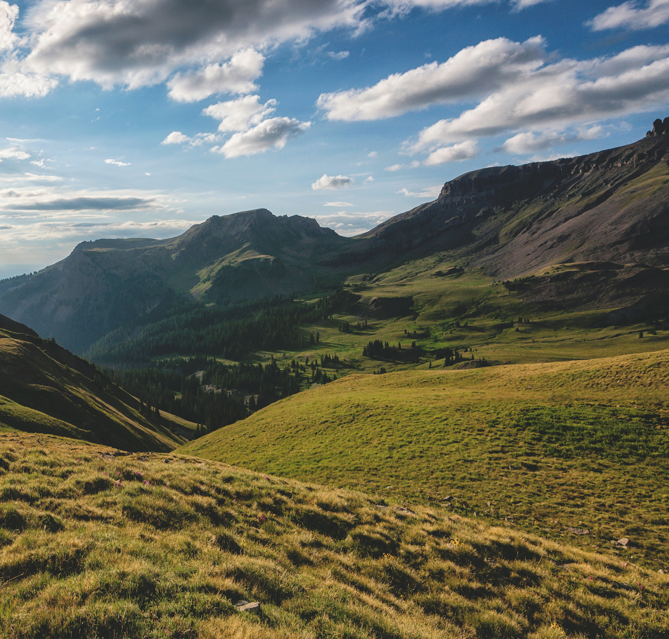 A sweeping view of lush, green mountainsides under a blue sky dotted with clouds 