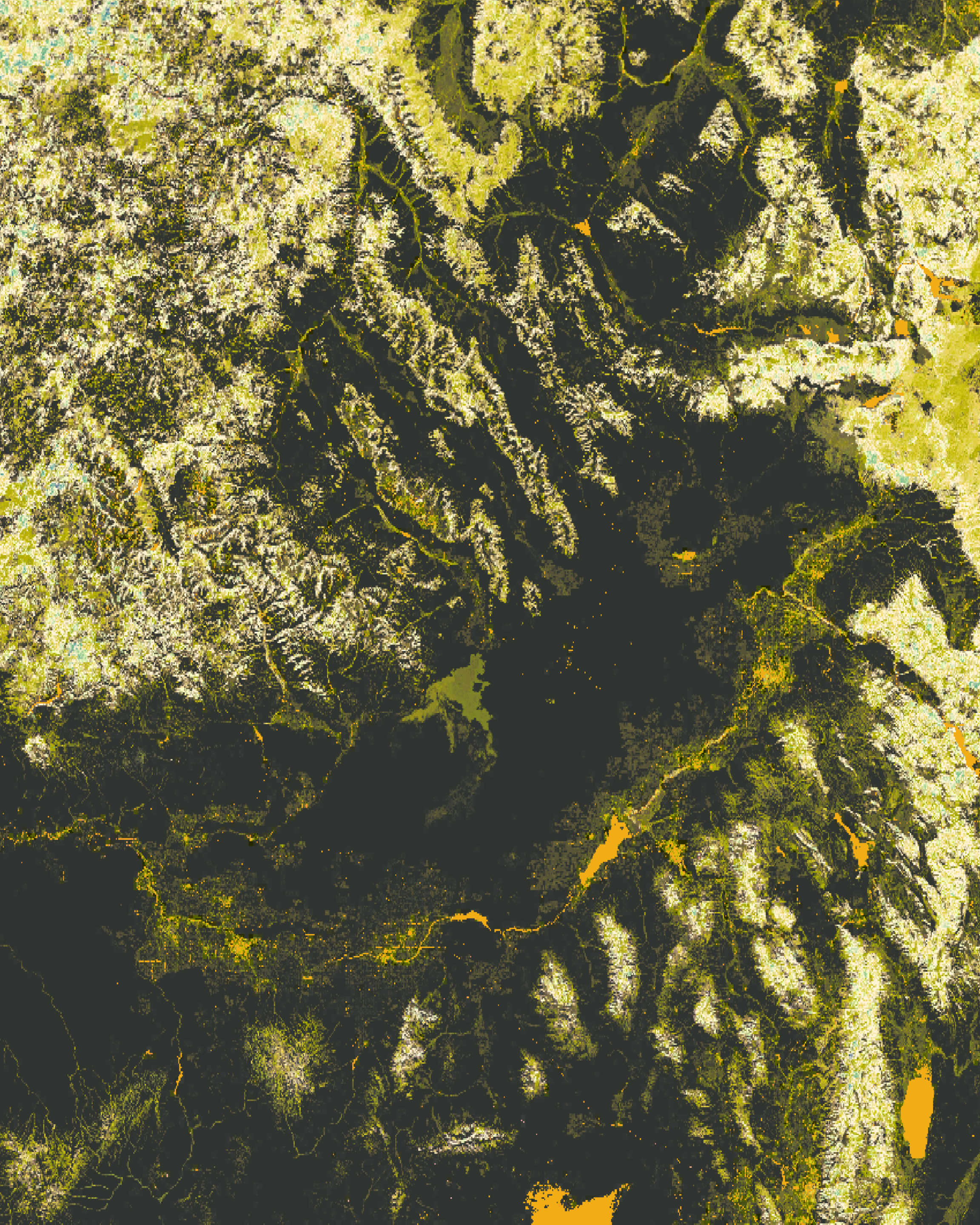 A map of a mountain range with areas shaded in greens and yellows