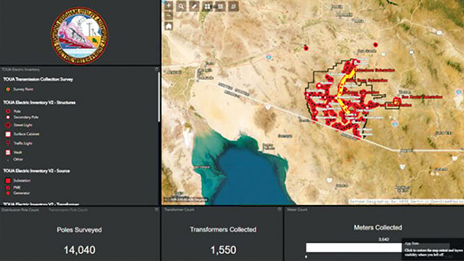 Dashboard GIS che visualizza metriche e una mappa con una regione coperta di linee rosse e punti neri 