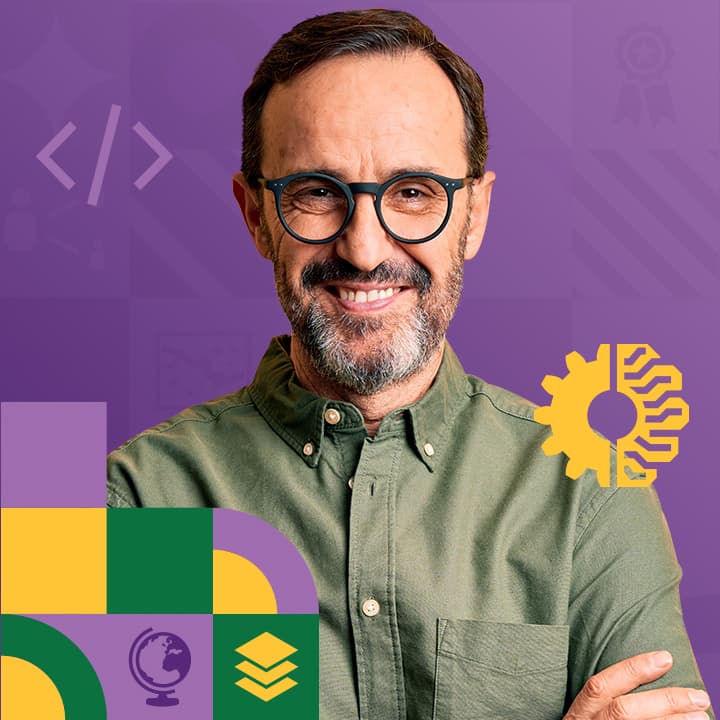 Smiling, bearded educator in round glasses and a green shirt standing with arms crossed; education-themed icons overlaid beneath