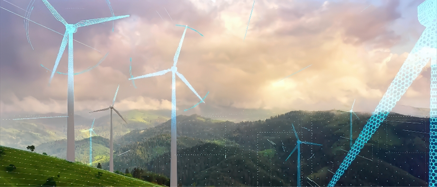 Wind turbines scattered over green wooded hillsides against a cloudy sky of purple and gold