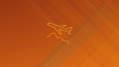 A simple line icon of the front view of a airplane in light color lines on a dark orange background