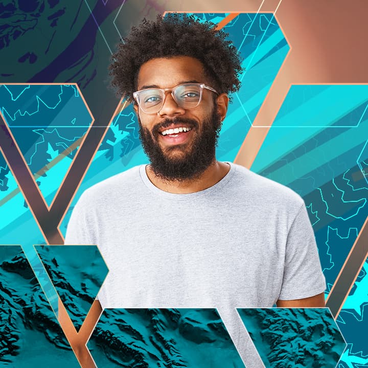 Dark-skinned, bearded user wearing glasses and a gray t-shirt against a background of irregular blue shapes holding map elements