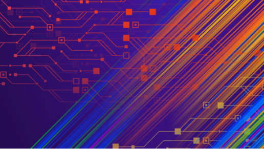 Abstract digital design with blue lines and nodes, resembling a network or data connections on a dark background