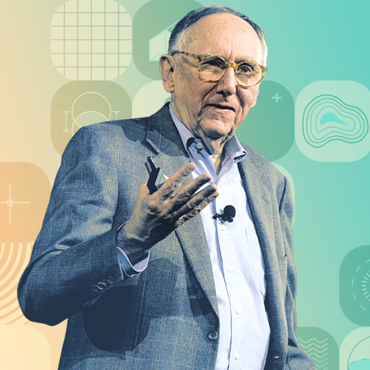 Green-tinted photo of Esri president Jack Dangermond presenting against a light green and yellow background with circles and lines