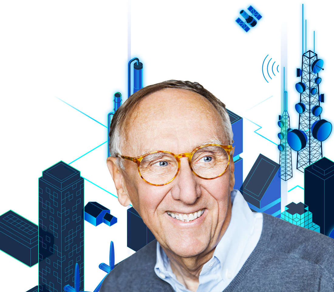 A portrait of Jack Dangermond wearing glasses and smiling as he looks to the side in front of infrastructure graphics