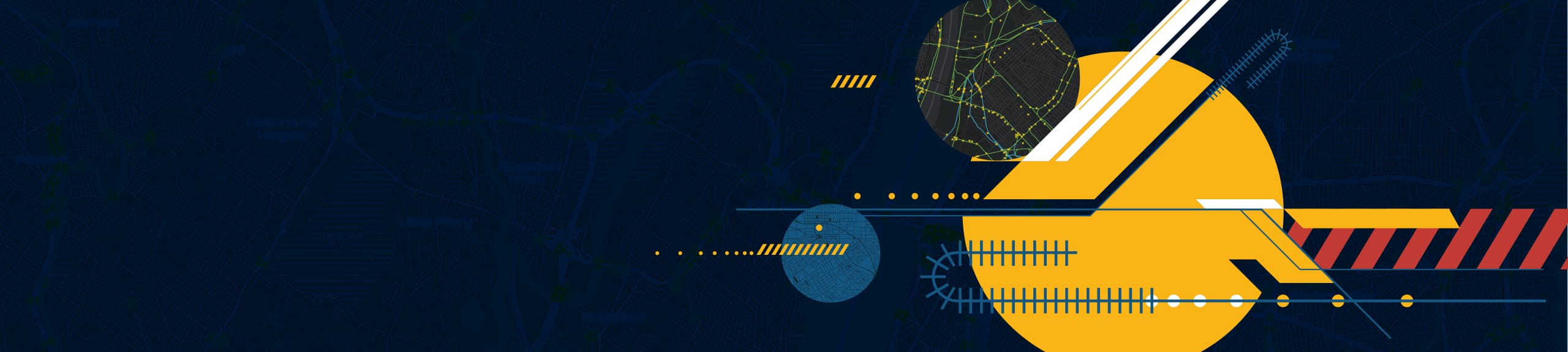 Abstract geometric rail industry graphics in dark and primary colors and circular maps of transportation infrastructure