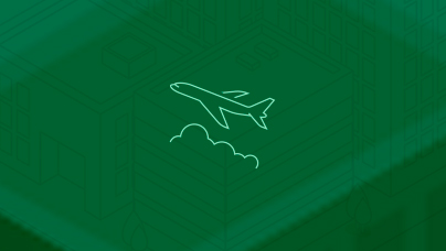 A simple line icon of the side view of an airplane over clouds in lime green lines on a green background