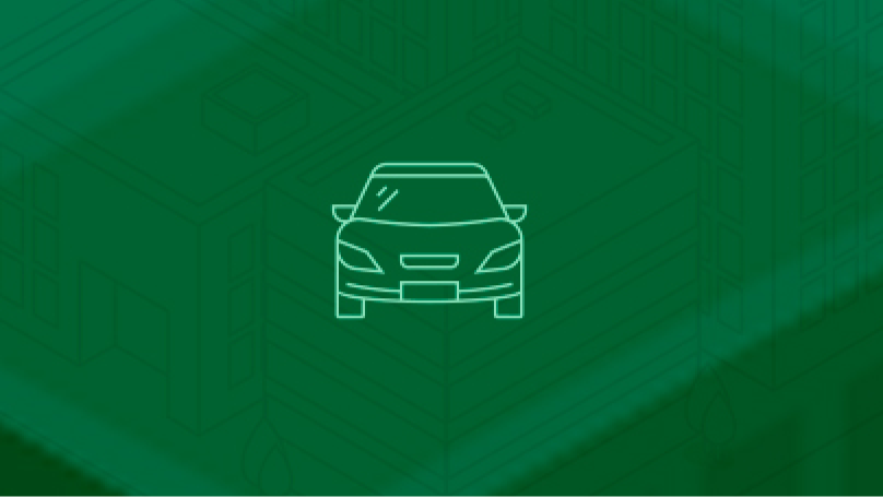 A simple line icon of the front view of a passenger vehicle in lime green lines on a dark green background