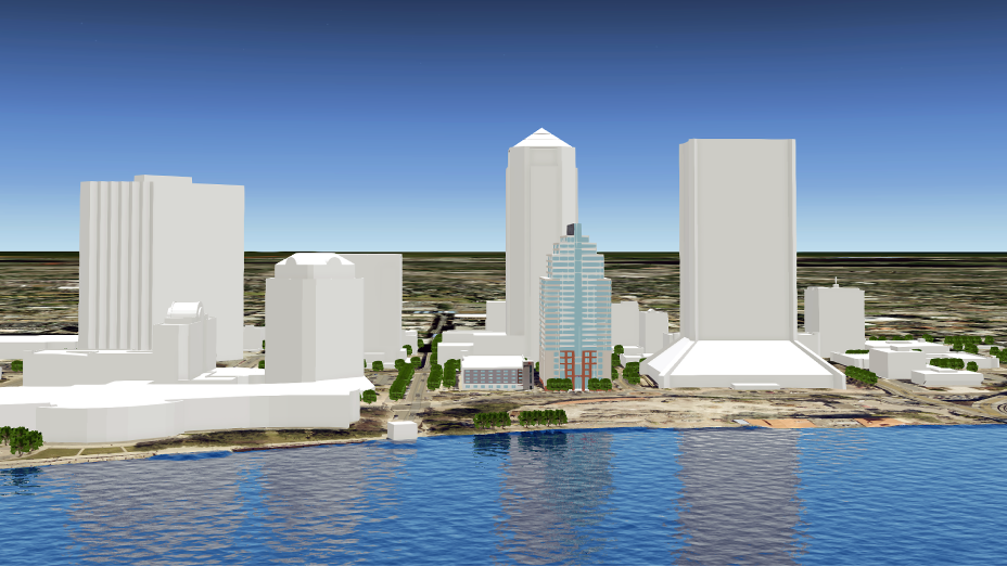 Digital twin of a portion of waterfront area of Jacksonville, Florida, with white buildings and blue water