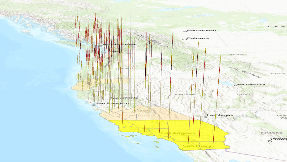 Map of the state of California with 3D lines indicating drought conditions over time