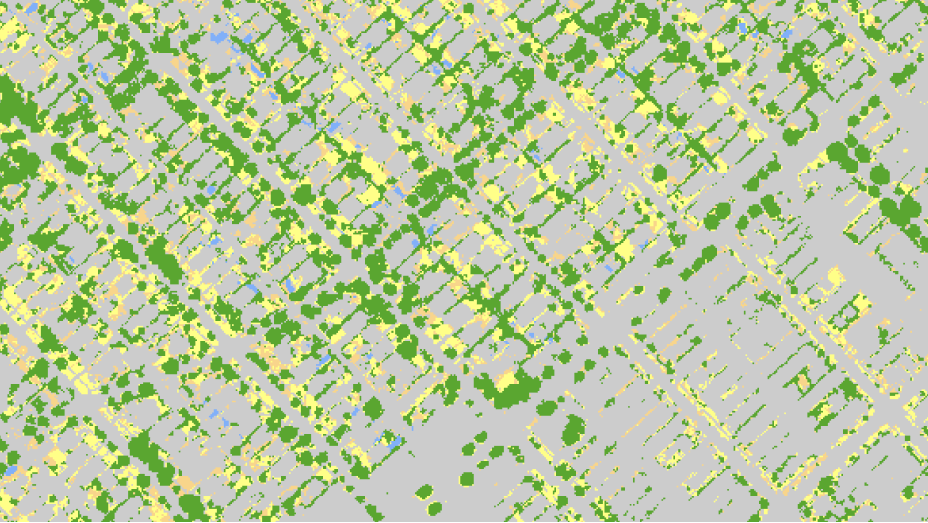 Gray map with green and yellow coloration along a city street grid