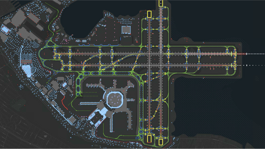 Dark map of San Francisco International Airport with colored lines showing lighting placement
