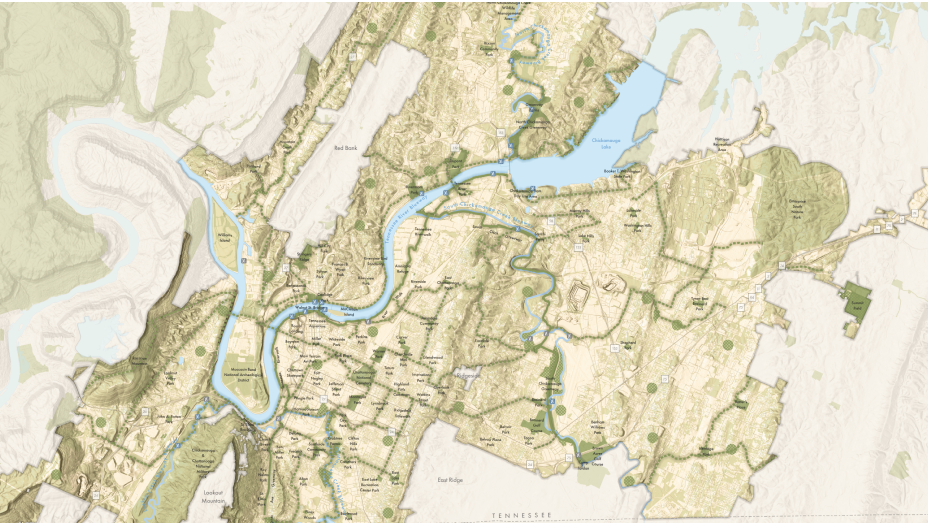 Map of the city of Chattanooga, Tennessee indicating green park areas