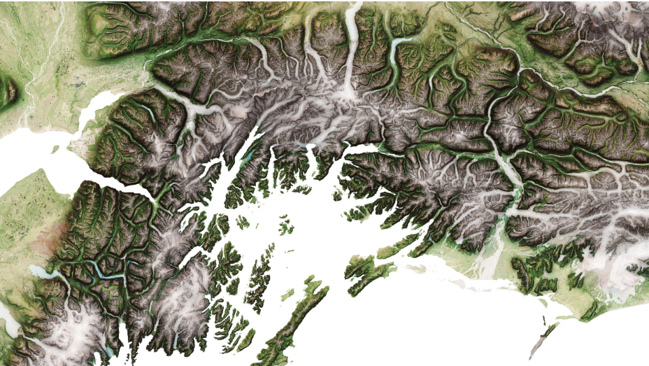 Topographical map of a mountainous portion of Alaska in brown, white, and green