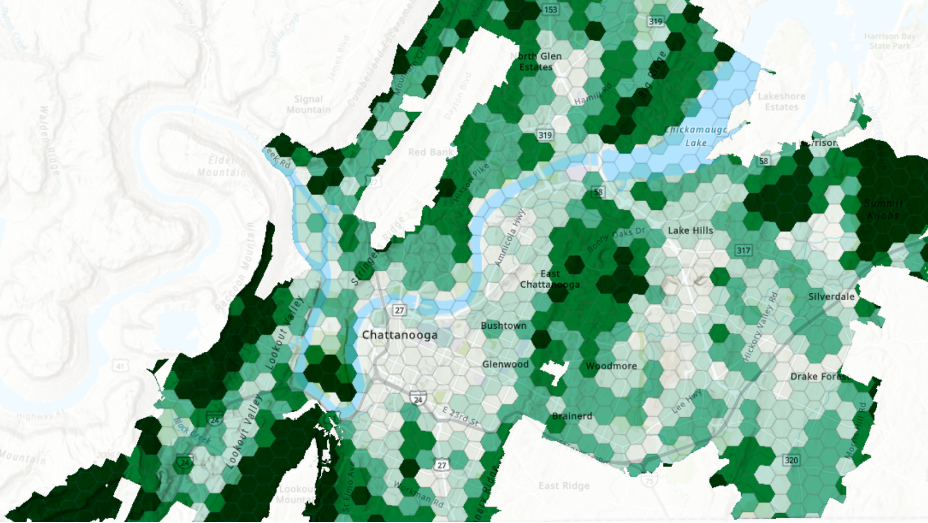 Map of the city of Chattanooga, Tennessee defined by polygons in various shades of green