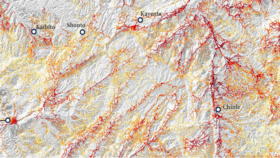 Mountainous basemap in yellow and gray with roads indicated in red