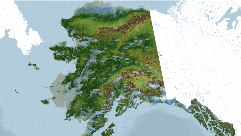 Topographic map of the state of Alaska, shwing its position against the continents, which are shown in white