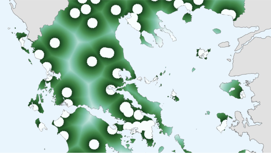 Map of Greece with shadings in green and blue