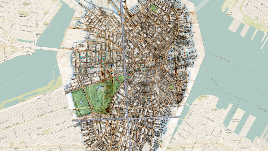 Map of Boston, Massachusetts, showing densely streets and neighborhoods