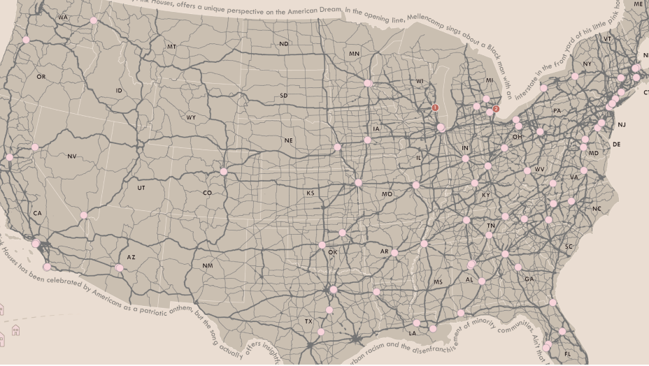 Map of the United States showing major roads and data points in pink