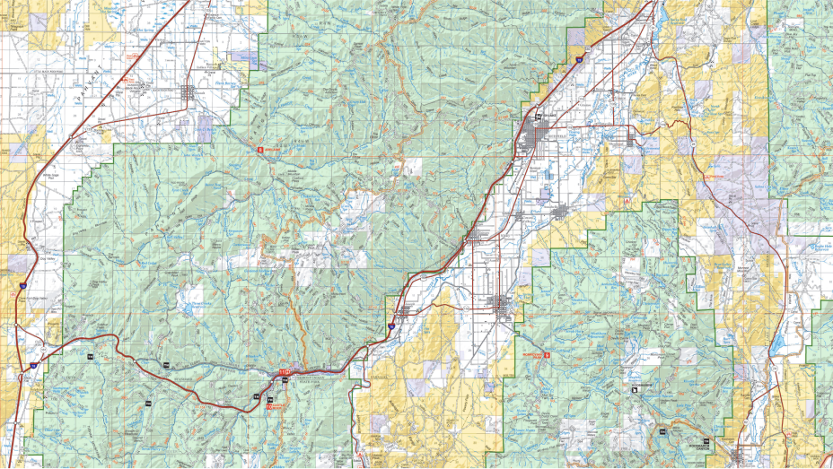 Map of the Fishlake Forest area showing roads, towns, and areas of interest to visitors