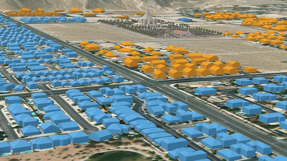 Digital rendering of a neighborhood with 3D homes in blue and orange