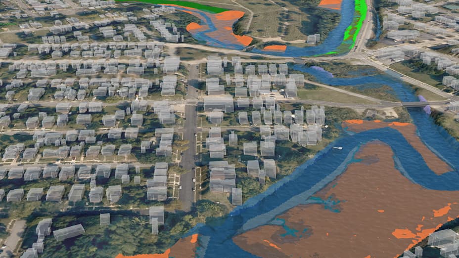 Digital rendering of a town near a river with potential flood zones shown in red