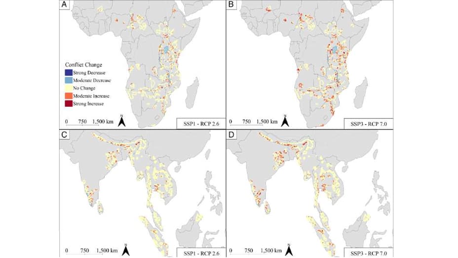 Effects of climate, land use, and human population change on human-elephant conflict risk in Africa and Asia